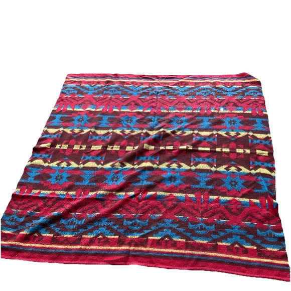 Vintage Camp Blanket Southwest Pattern Red, Blue, Yellow, Brown Aztec @64" x 64" - Picture 1 of 6